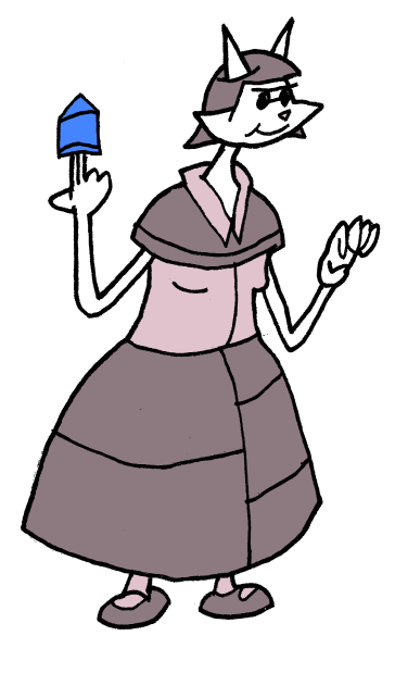 A short white cat lady in a gray dress, sunglasses, and a bob haircut. She is also picking a disembodied pocket using her index and middle fingers.